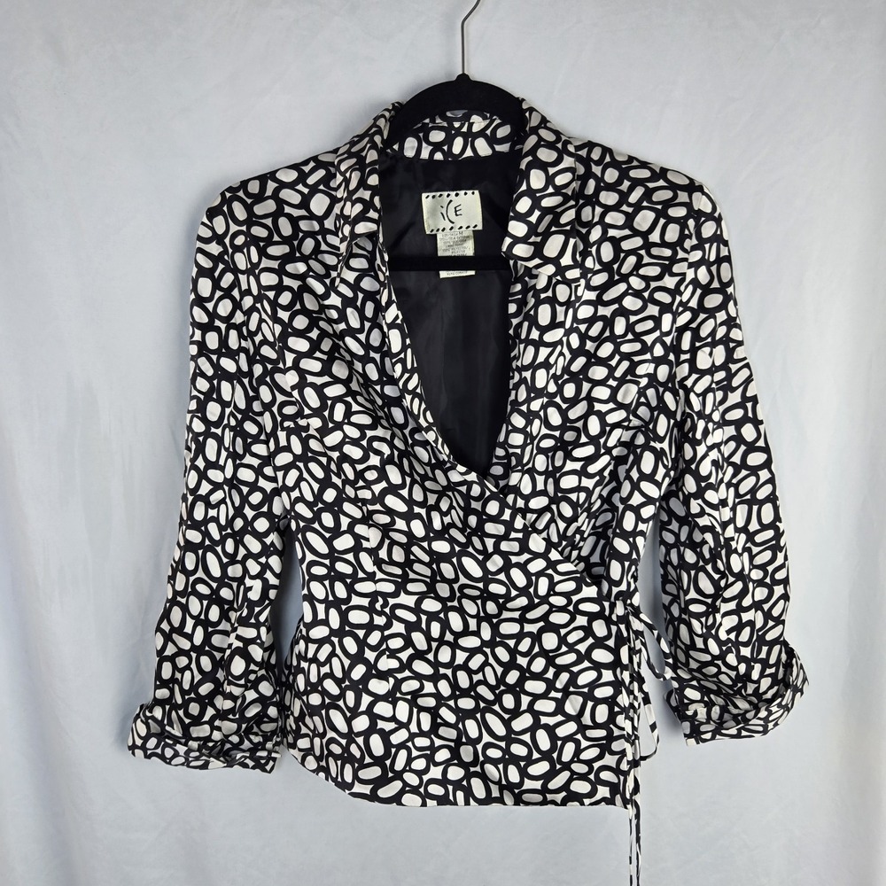 Vintage 90s ICE Silk Satin Wrap Blouse Womens Med Black Ivory Geo Print Office
